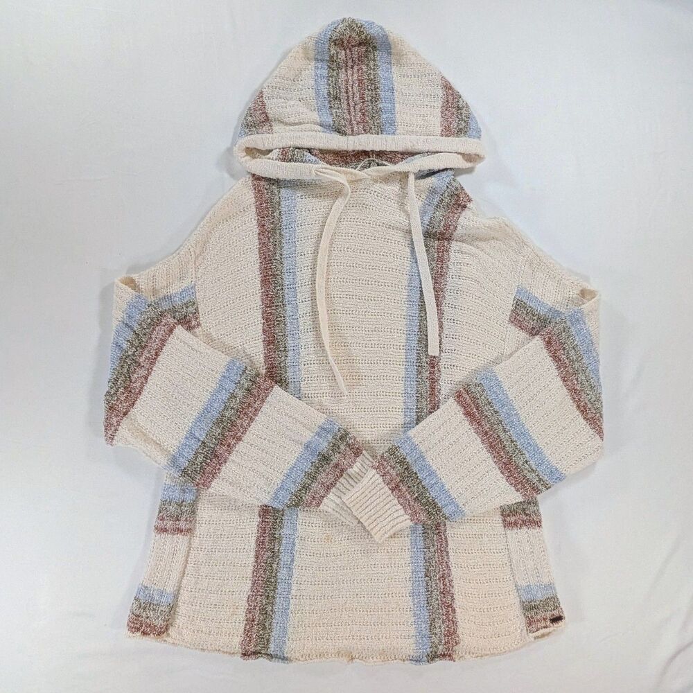 O'Neil Bethany Cream pastel Striped Pullover drawstring Size L Hoodie boho surf